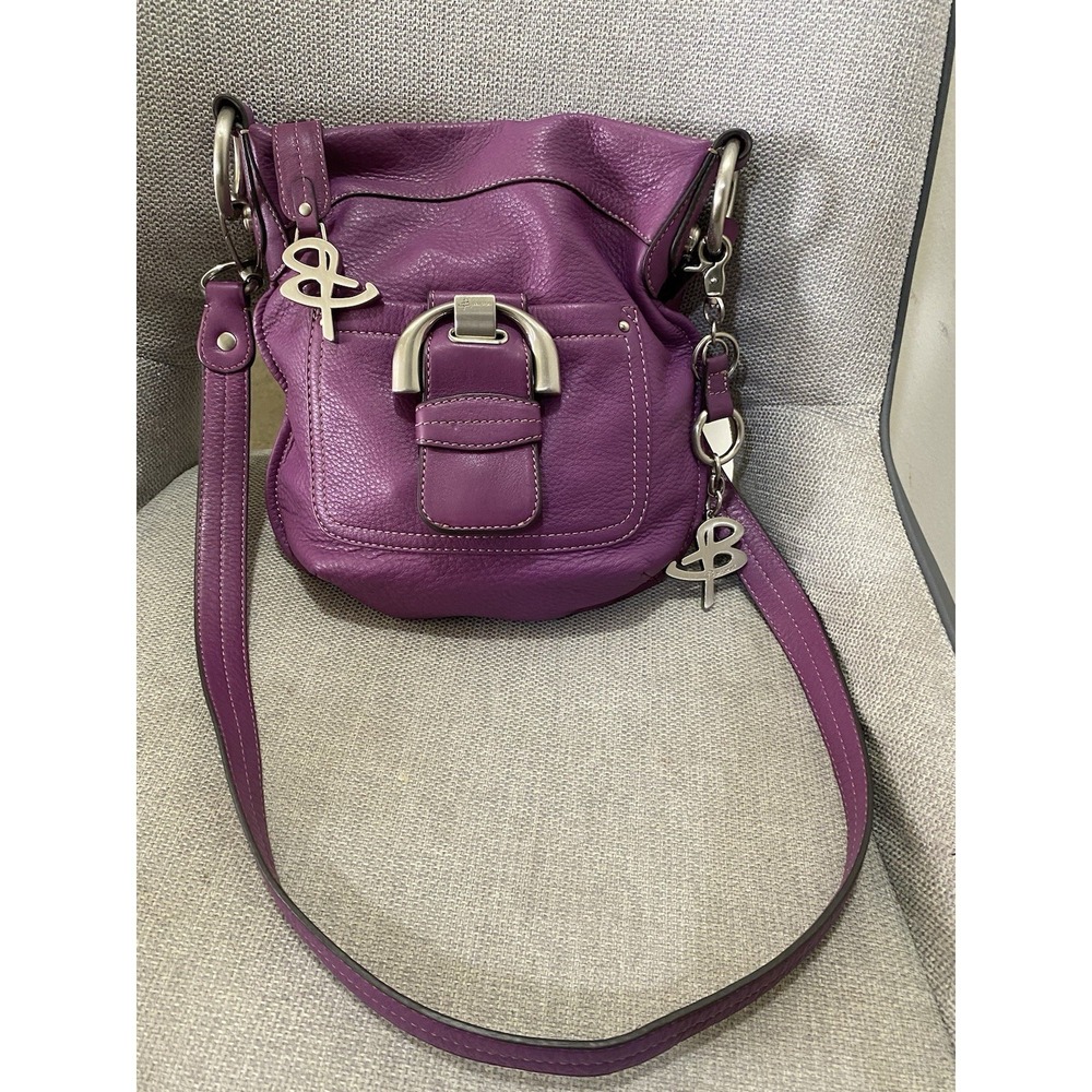 B. Makowsky Womens Purple Genuine Leather Buckle Crossbody Bag Purse